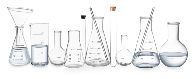 Set of different laboratory glassware isolated on white