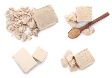 Image of Set with compressed and dry yeast on white background, top view