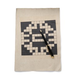 Blank crossword and pen on white background, top view