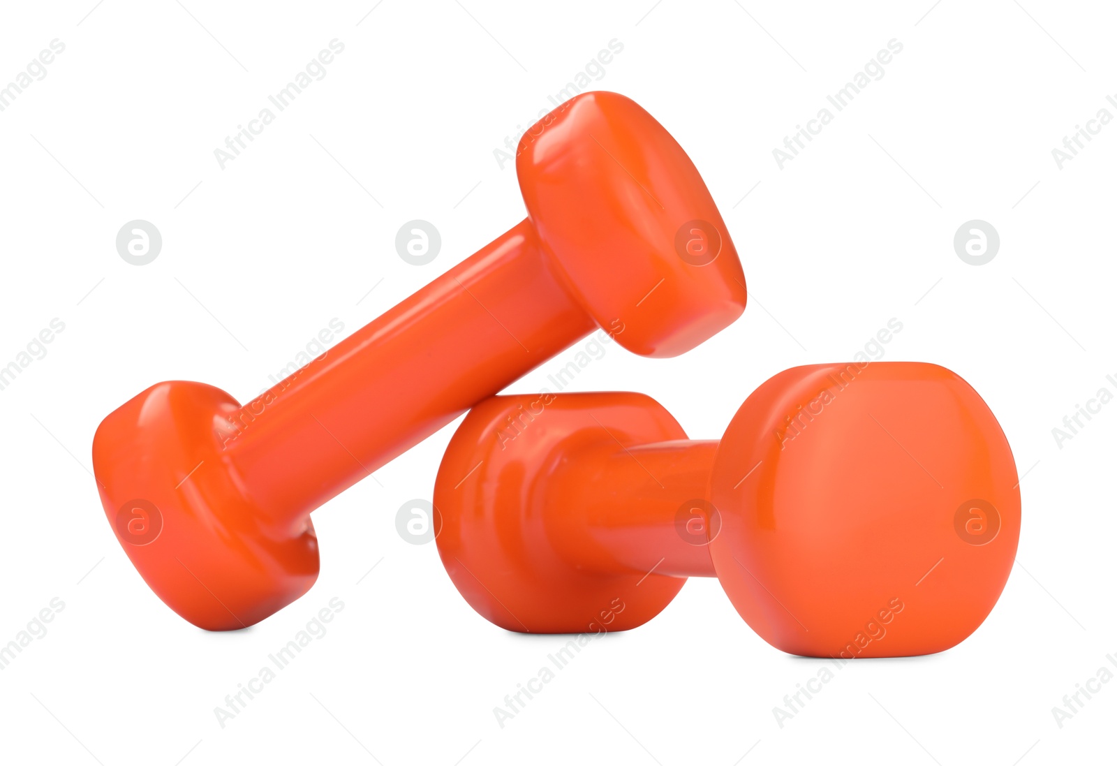 Photo of Orange dumbbells isolated on white. Sports equipment