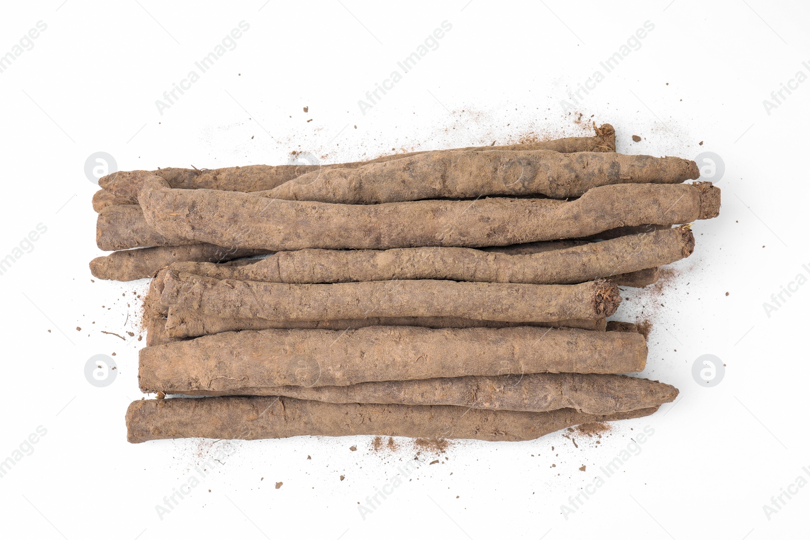 Photo of Fresh raw salsify roots on white background, flat lay