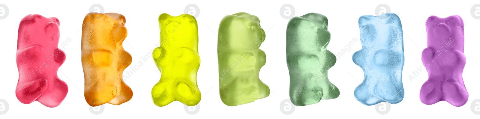 Image of Set with delicious jelly bears on white background. Banner design