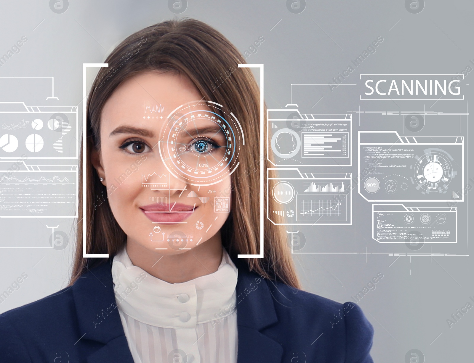 Image of Facial recognition system. Woman with scanner frame on face and information