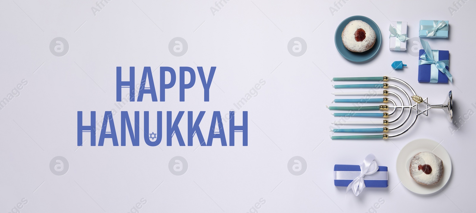 Image of Happy Hanukkah. Menorah, donuts, dreidel and gifts on light background, flat lay. Banner design