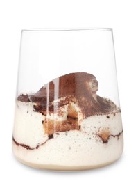 Photo of Delicious tiramisu in glass isolated on white