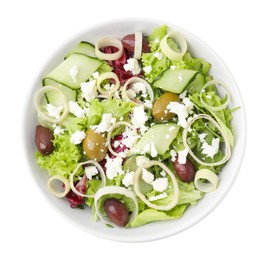 Bowl of tasty salad with leek, olives and cheese isolated on white, top view
