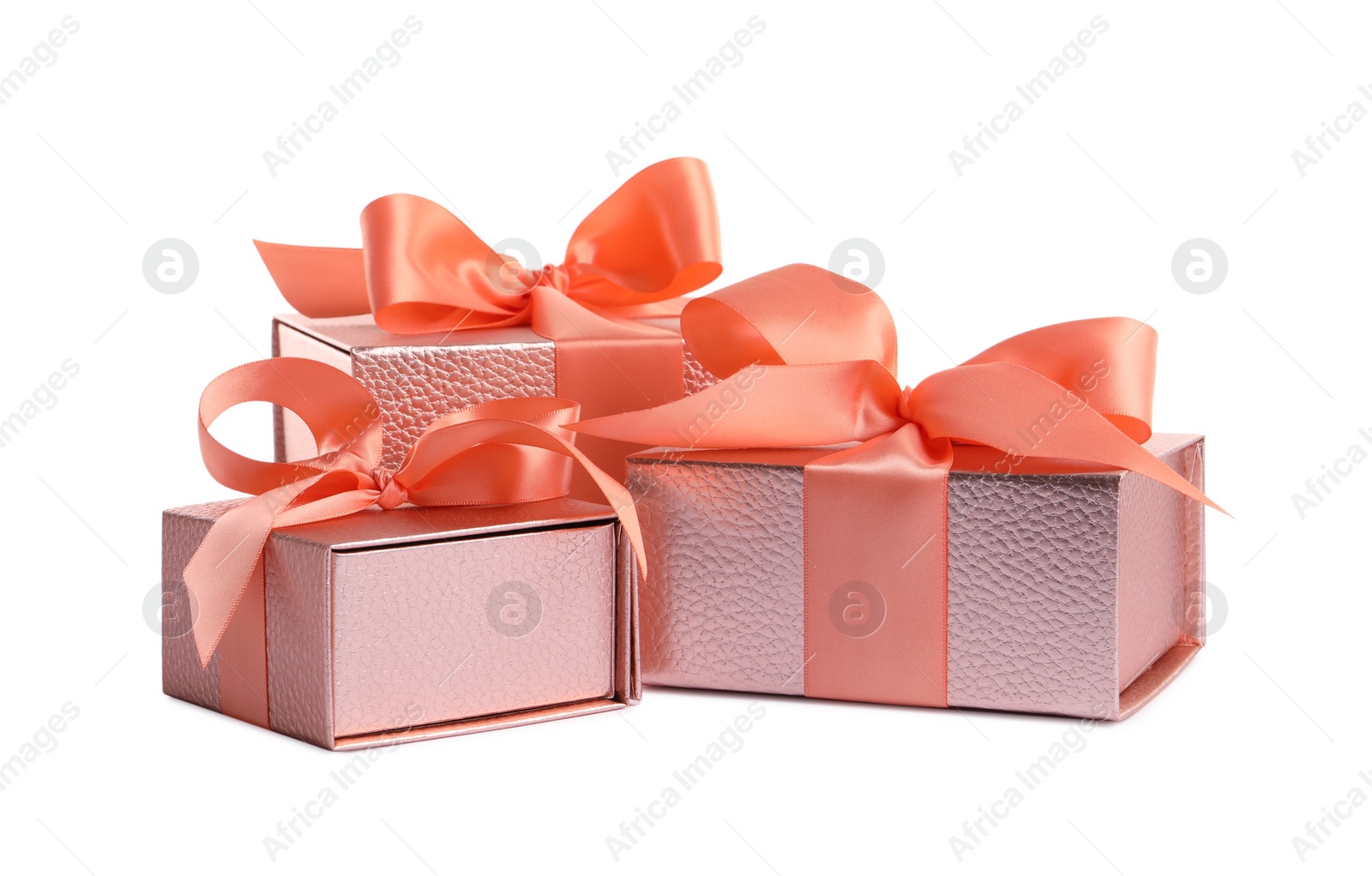 Photo of Three beautiful pink gift boxes on white background