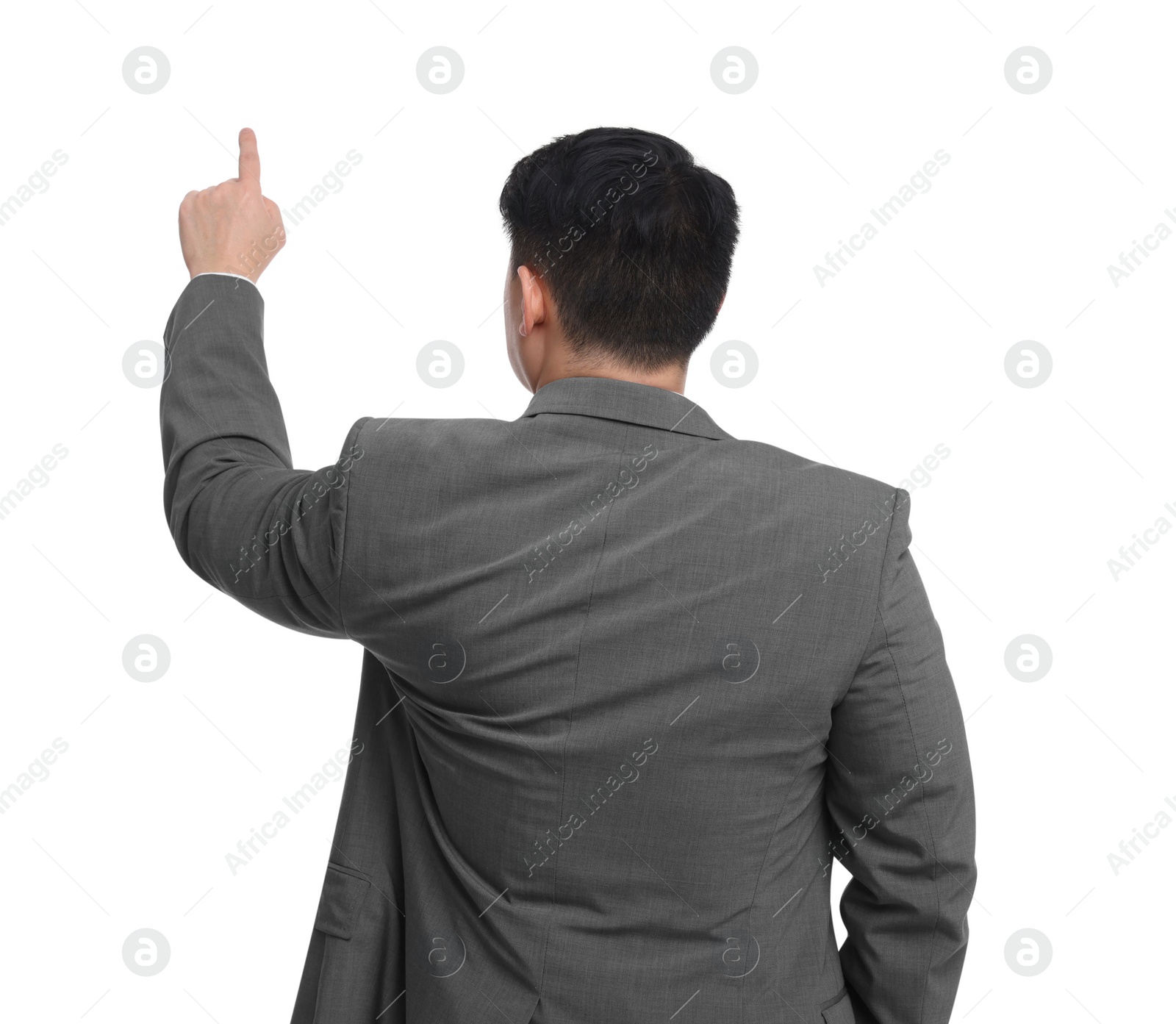 Photo of Businessman in suit posing on white background, back view