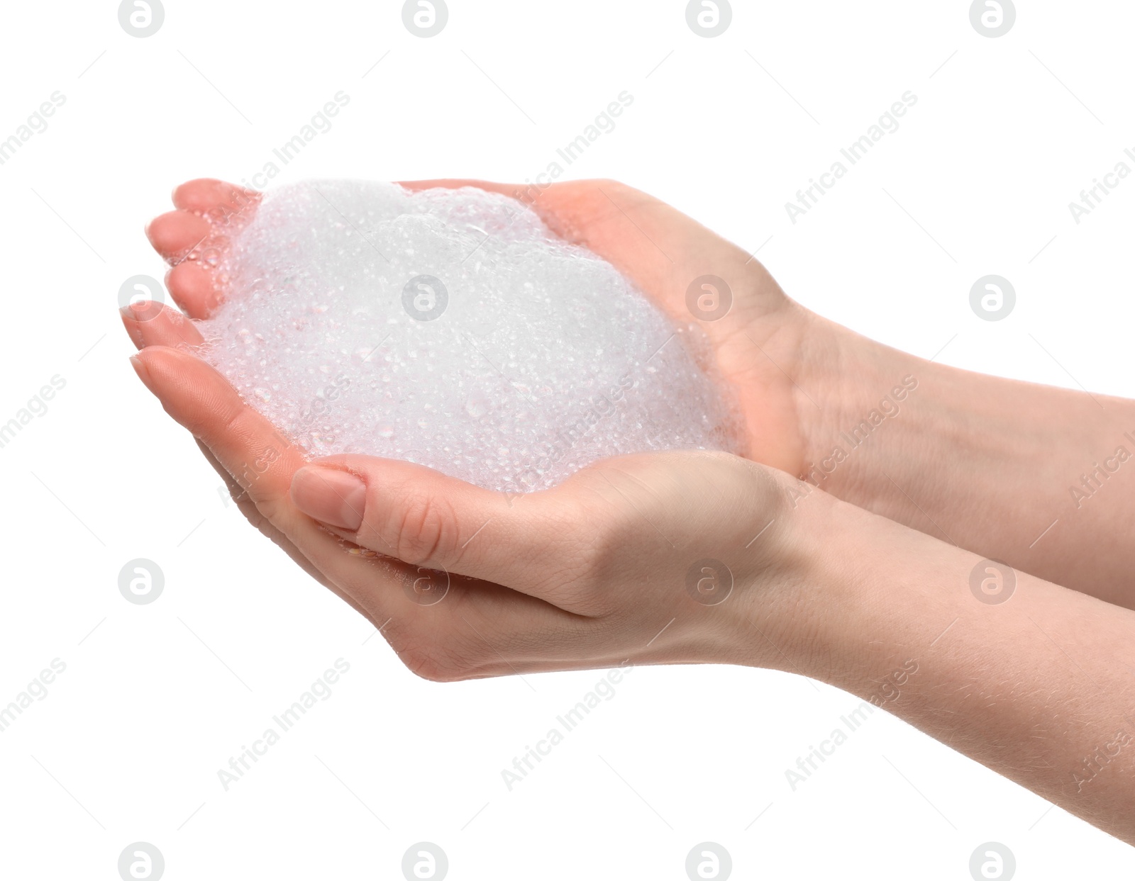 Photo of Woman with bath foam on white background, closeup