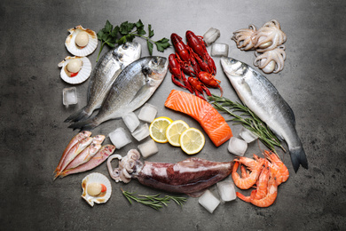 Fresh fish and seafood on grey table, flat lay