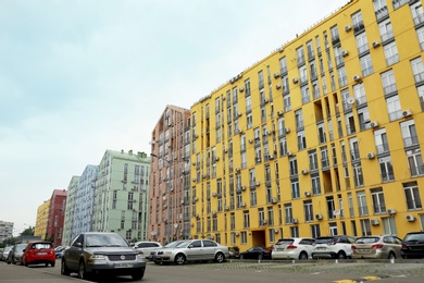 KYIV, UKRAINE - MAY 21, 2019: Modern housing estate COMFORT TOWN in Dniprovskyi district on sunny day