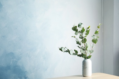 Bunch of eucalyptus branches with fresh leaves in vase on table