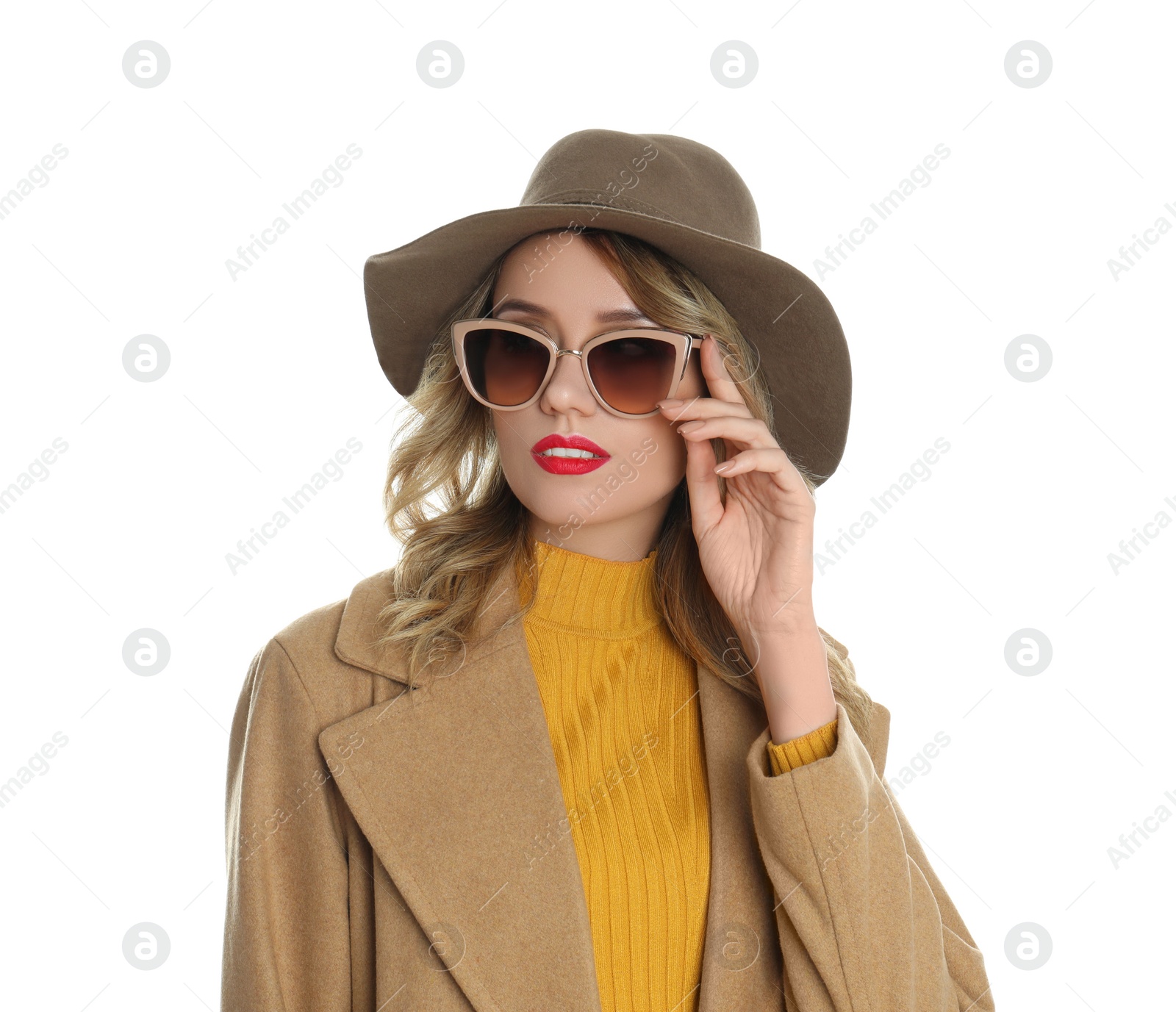 Photo of Young woman wearing stylish sunglasses and hat on white background