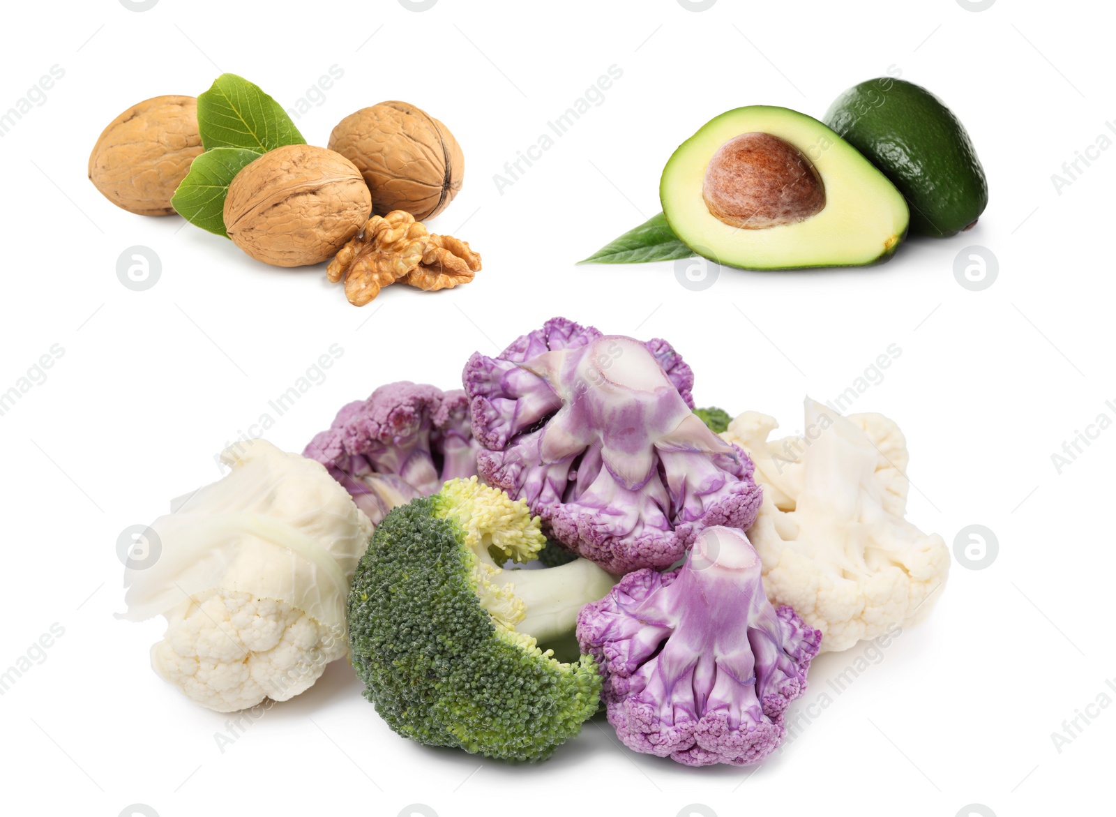 Image of Foods for healthy digestion, collage. Walnuts, broccoli, cauliflower and avocado on white background