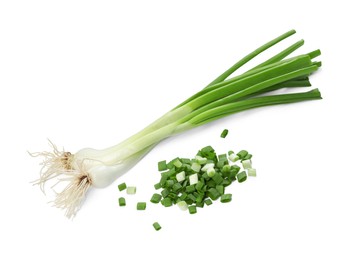 Photo of Whole and chopped green onion isolated on white, top view
