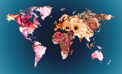 World map made of beautiful flowers on blue background, banner design