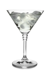Photo of Glass of classic martini cocktail with ice cubes on white background