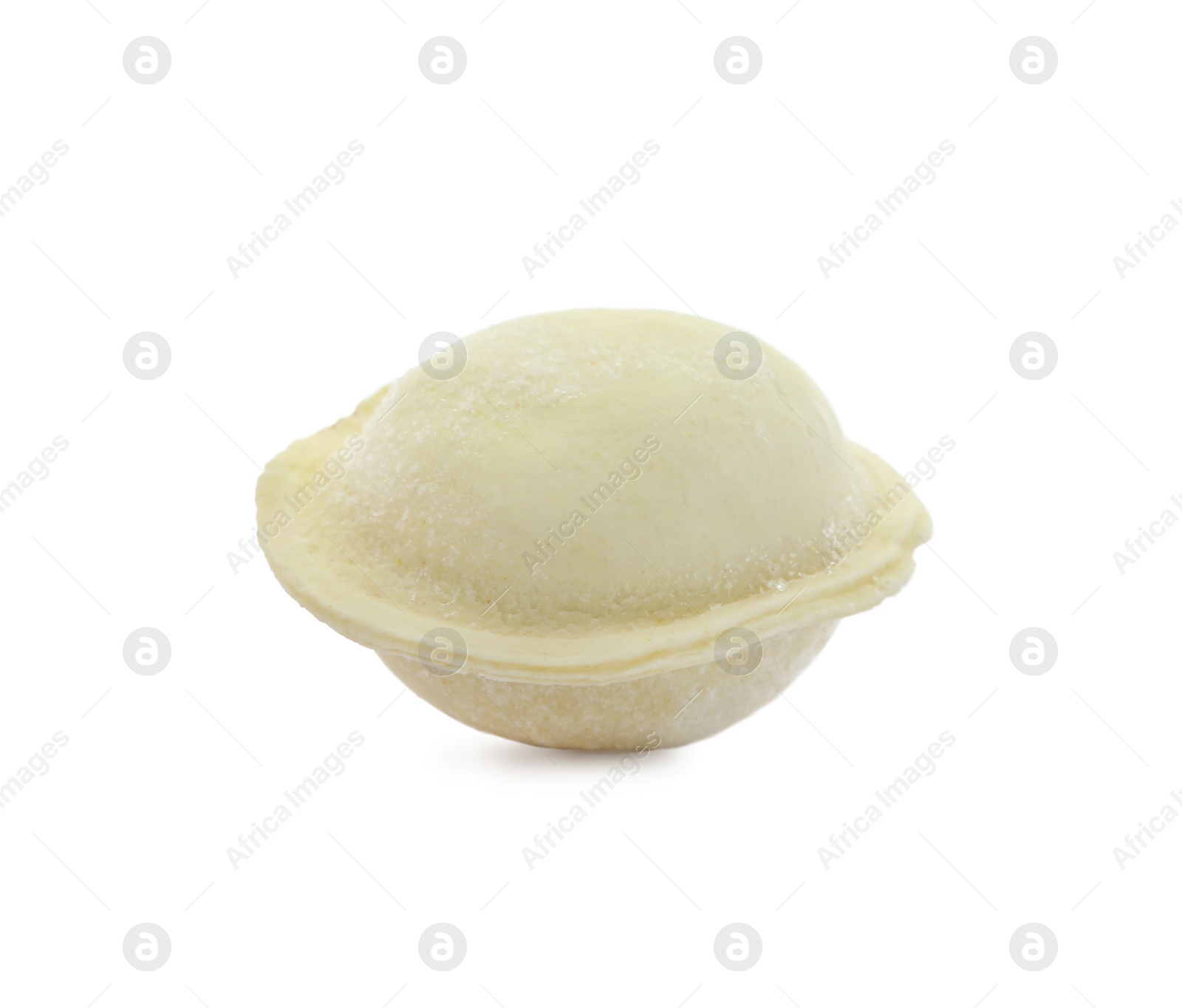 Photo of Raw dumpling with tasty filling on white background