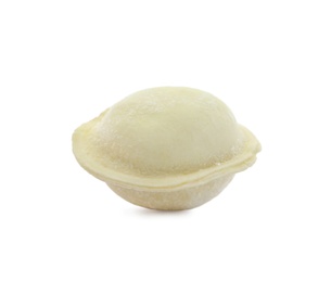 Photo of Raw dumpling with tasty filling on white background