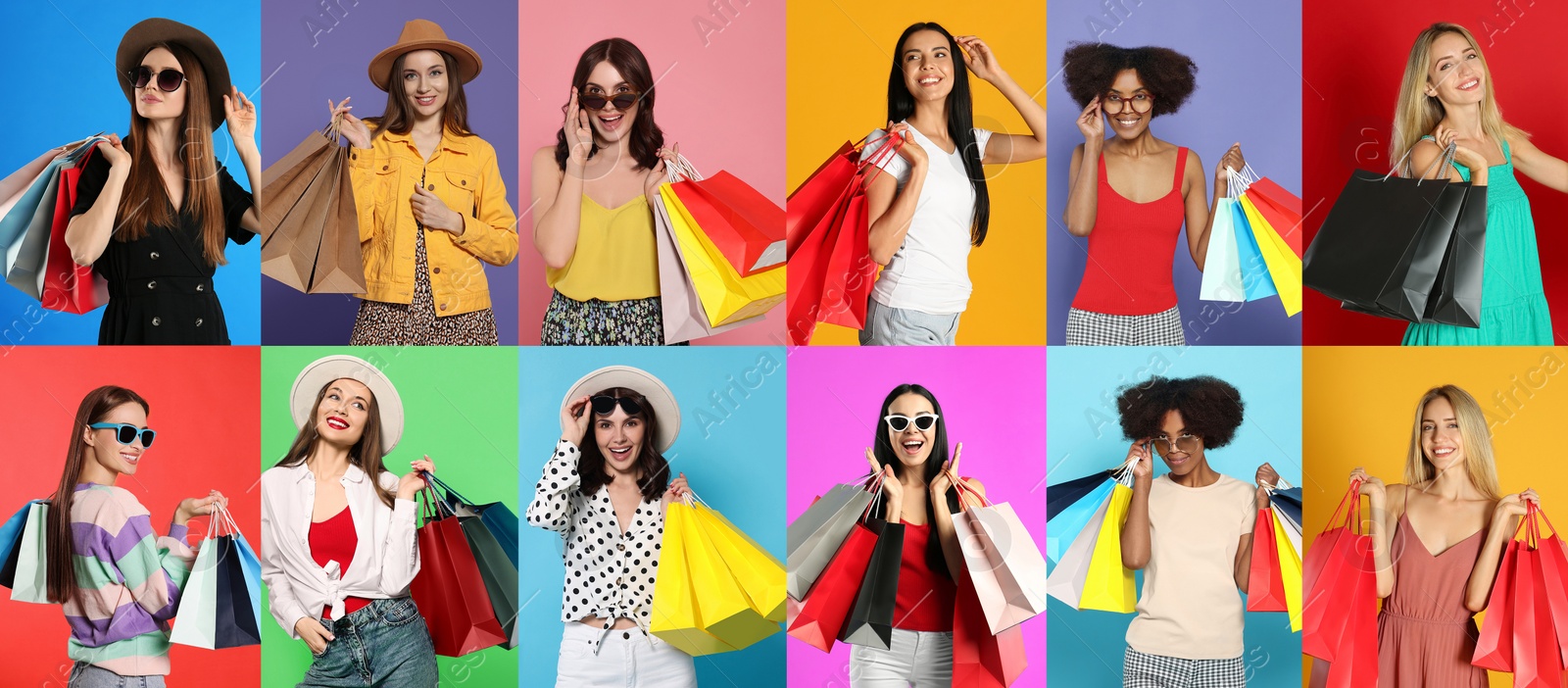 Image of Collage with photos of women holding shopping bags on different color backgrounds