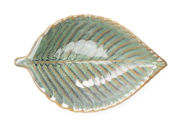 Beautiful green leaf shaped ceramic plate on white background, top view