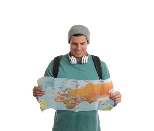 Photo of Man with map on white background. Autumn travel