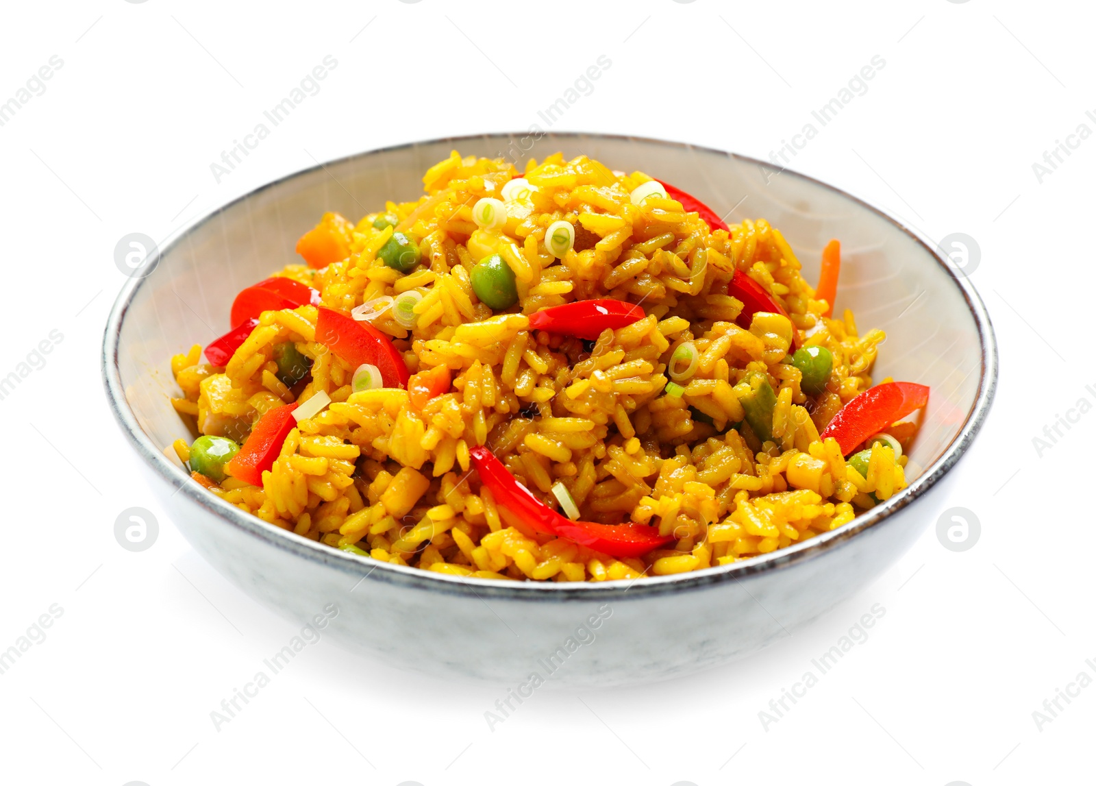 Photo of Delicious rice pilaf with vegetables isolated on white