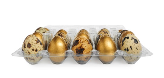 Photo of Plastic container with golden eggs and quail ones on white background