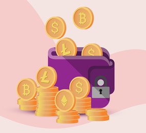 Illustration of Security of online currency. Different cryptocurrency coins flying into wallet with padlock on color background, illustration