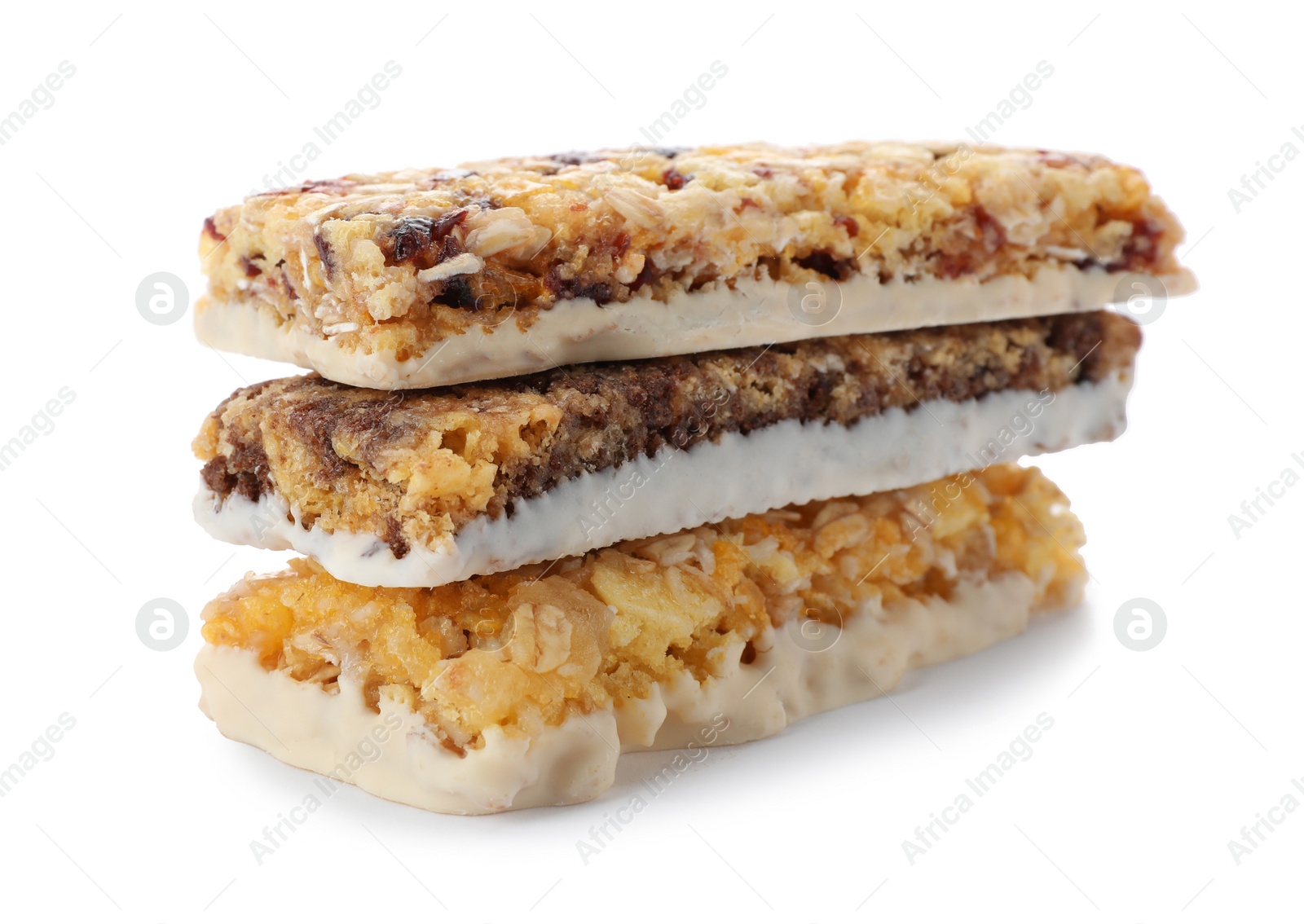 Photo of Tasty protein bars on white background. Healthy snack