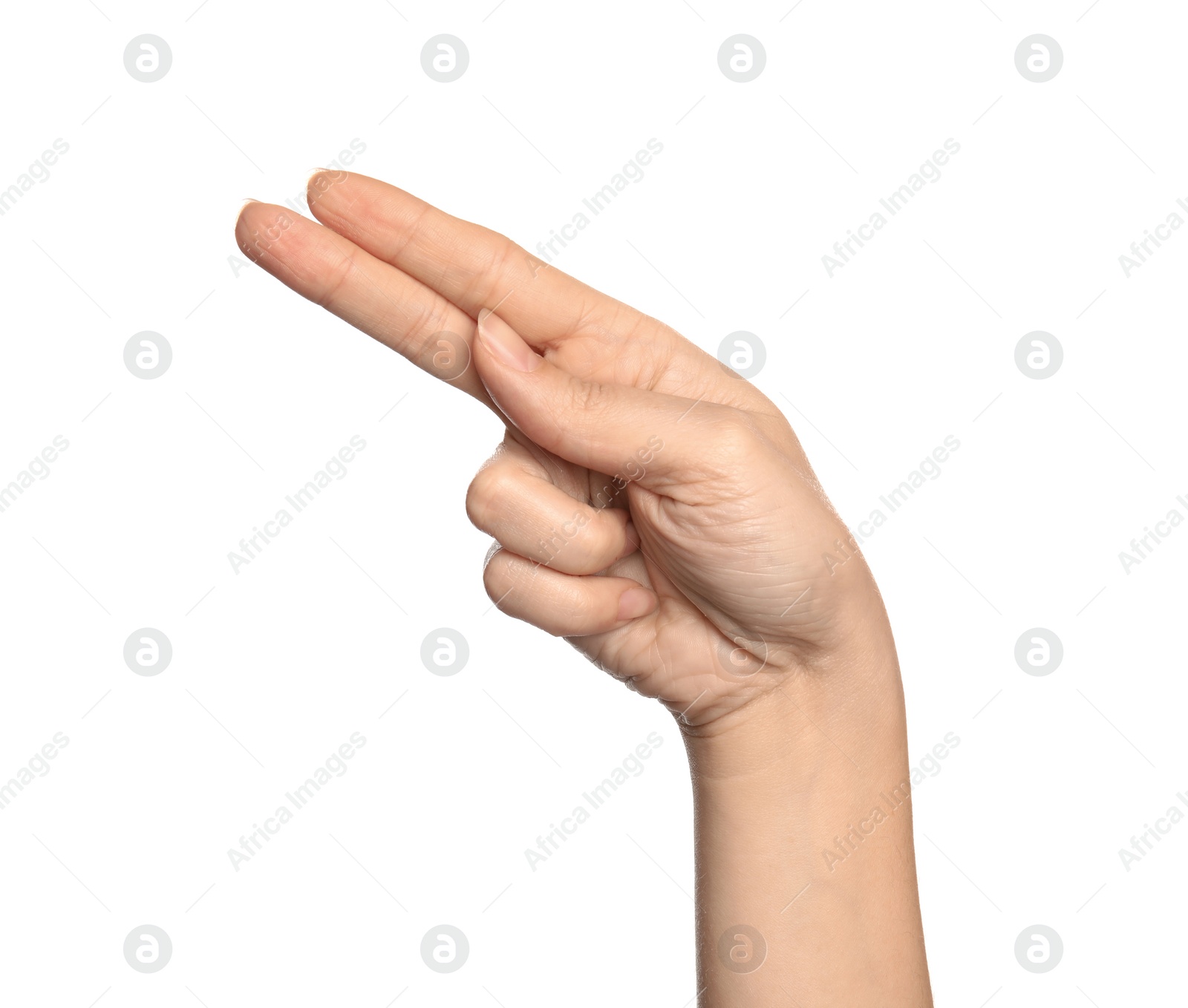 Photo of Woman showing H letter on white background, closeup. Sign language