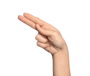 Photo of Woman showing H letter on white background, closeup. Sign language