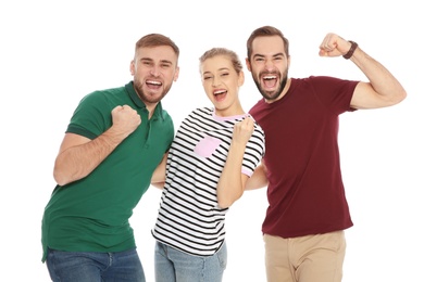 Young people celebrating victory on white background