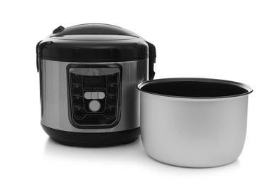 Photo of Disassembled electric multi cooker on white background