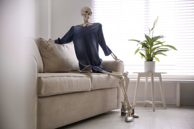 Human skeleton with book on sofa indoors