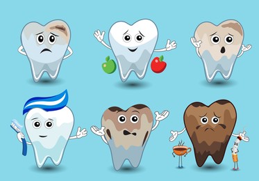 Illustration of Collage with healthy and unhealthy teeth and different products on turquoise background, illustration. Dental care