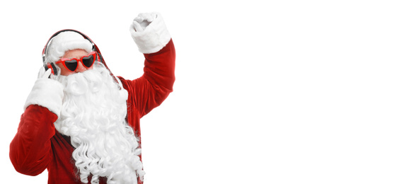 Image of Santa Claus listening to music with headphones on white background. Banner design
