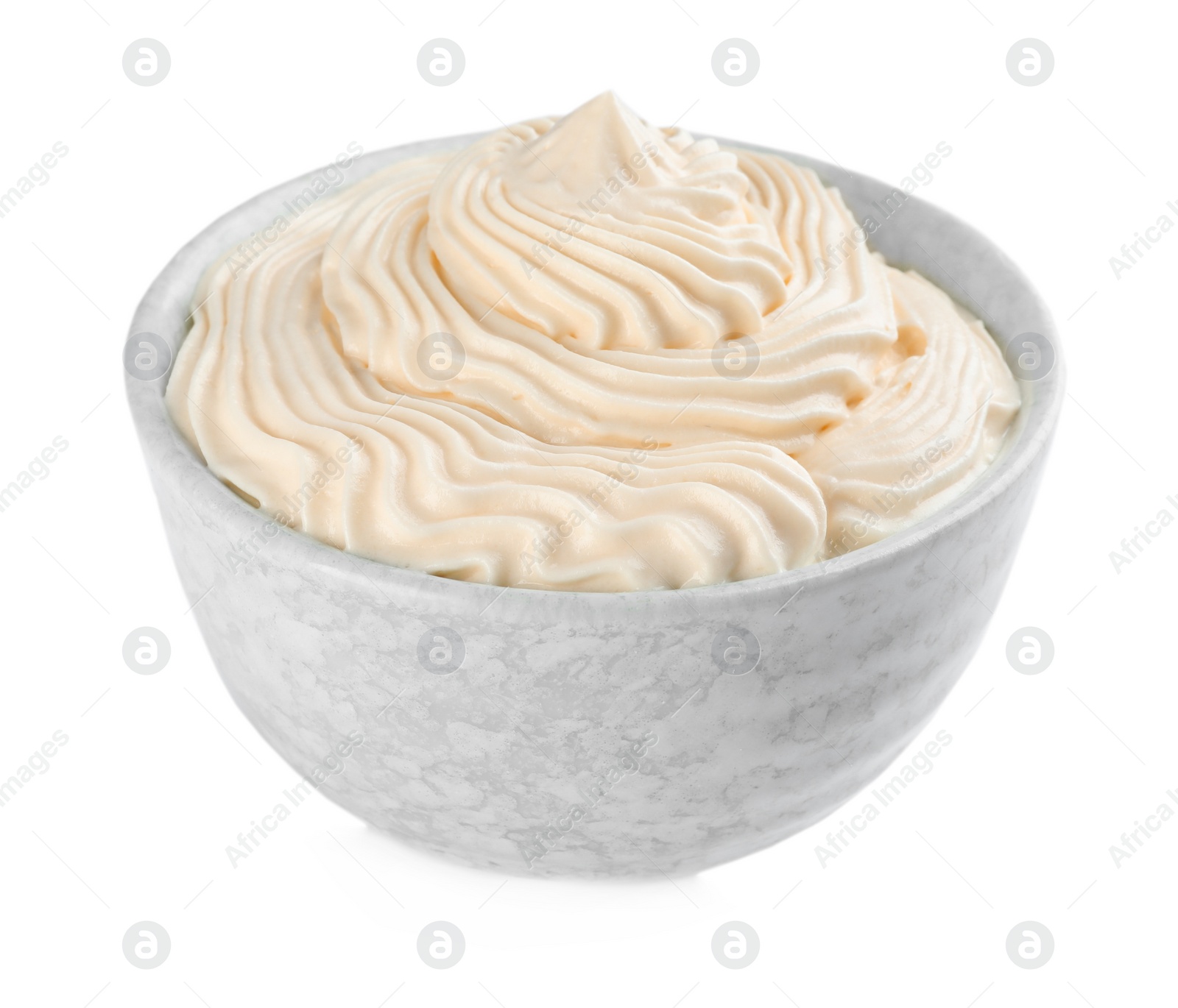 Photo of Delicious fresh whipped cream isolated on white