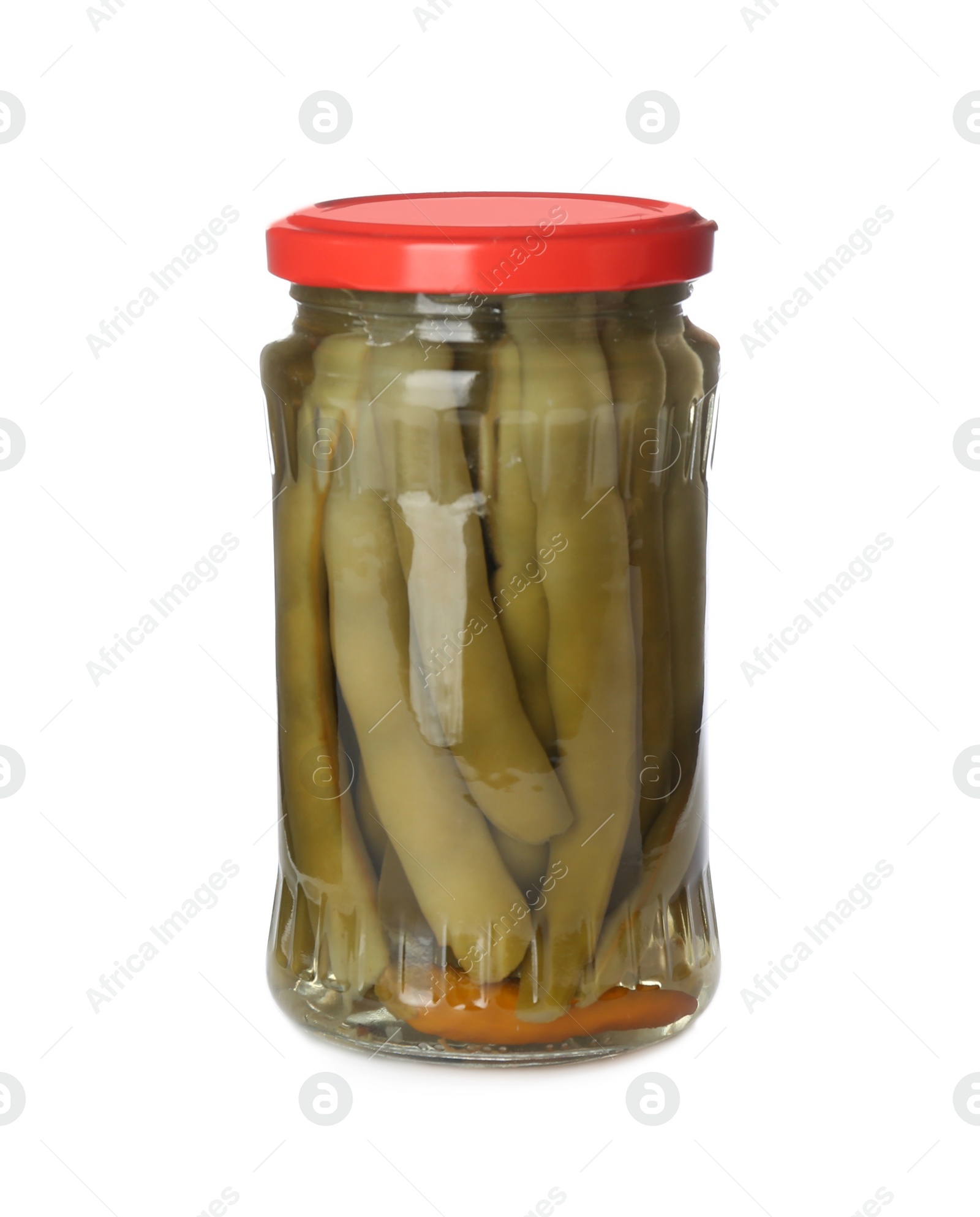 Photo of Canned green beans in jar isolated on white