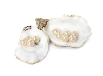 Photo of Oyster shells with pearls on white background