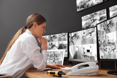 Photo of Security guard monitoring modern CCTV cameras indoors