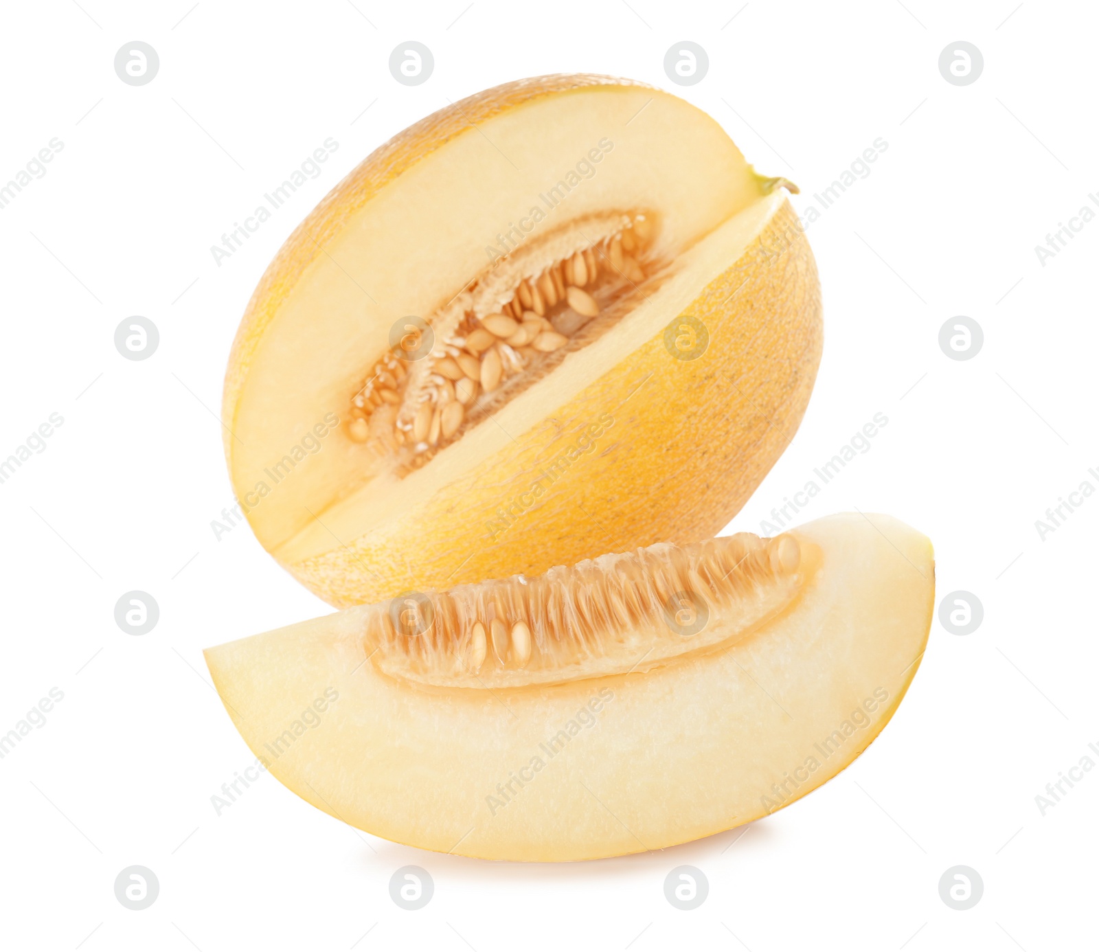 Photo of Sliced ripe tasty melon on white background