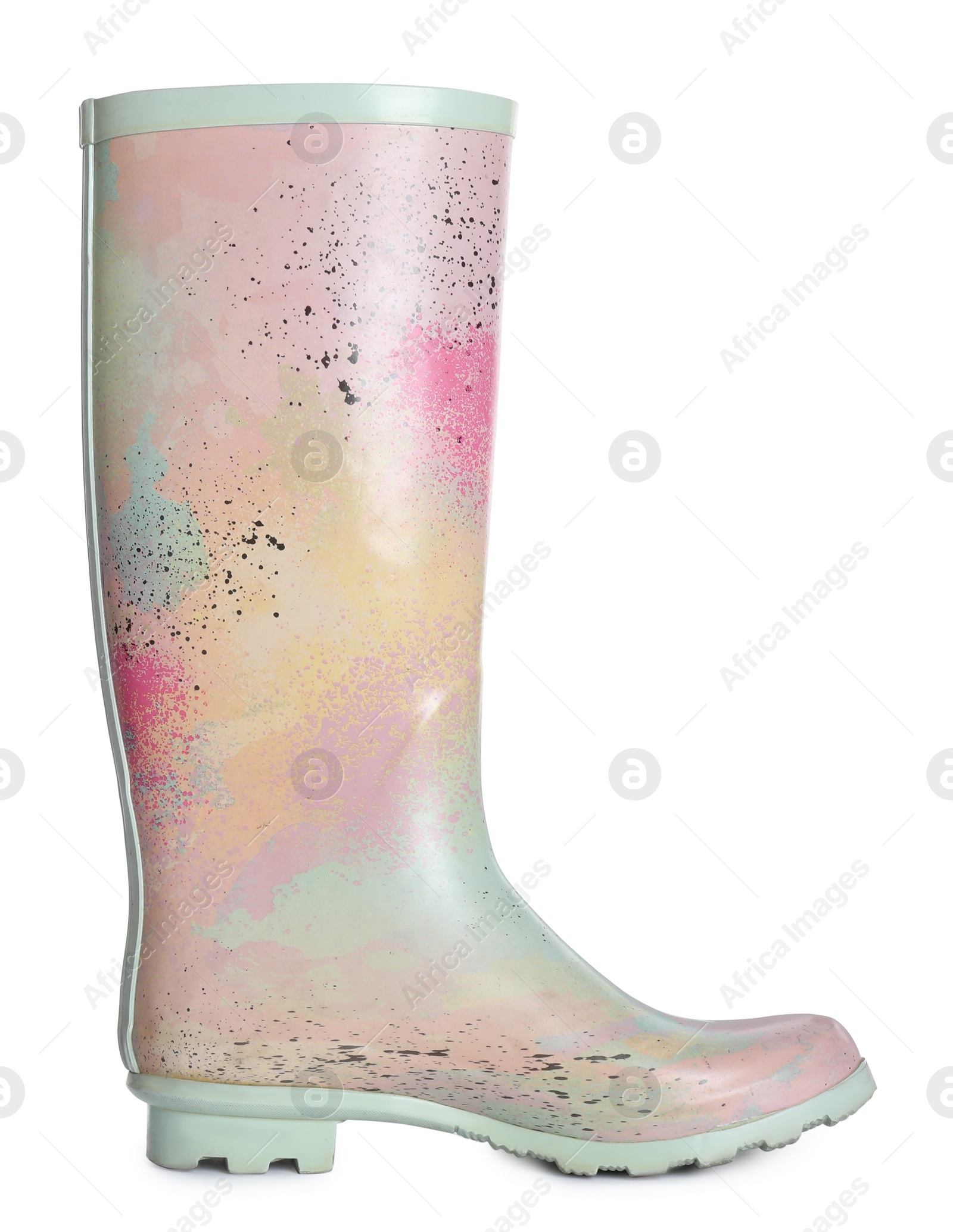 Photo of Modern colorful rubber boot isolated on white