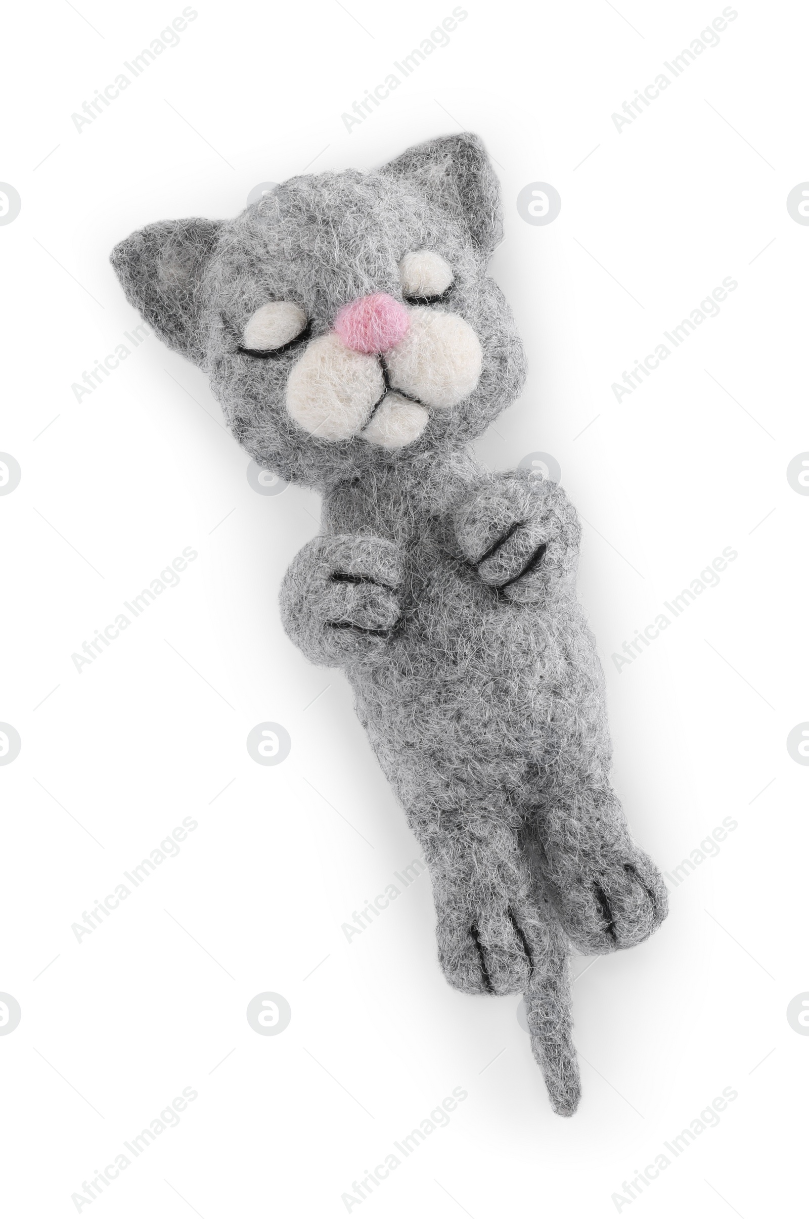 Photo of Needle felted cat isolated on white, top view