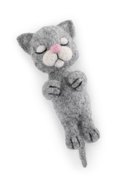 Photo of Needle felted cat isolated on white, top view