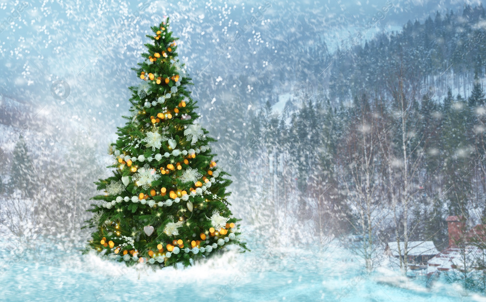 Image of Beautiful decorated Christmas tree outdoors, space for text. Bokeh effect