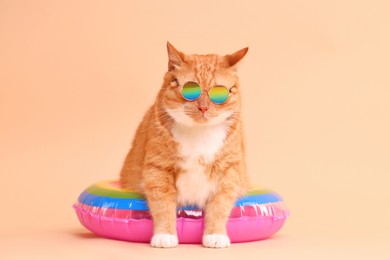 Photo of Cute ginger cat in stylish sunglasses with swim ring on beige background