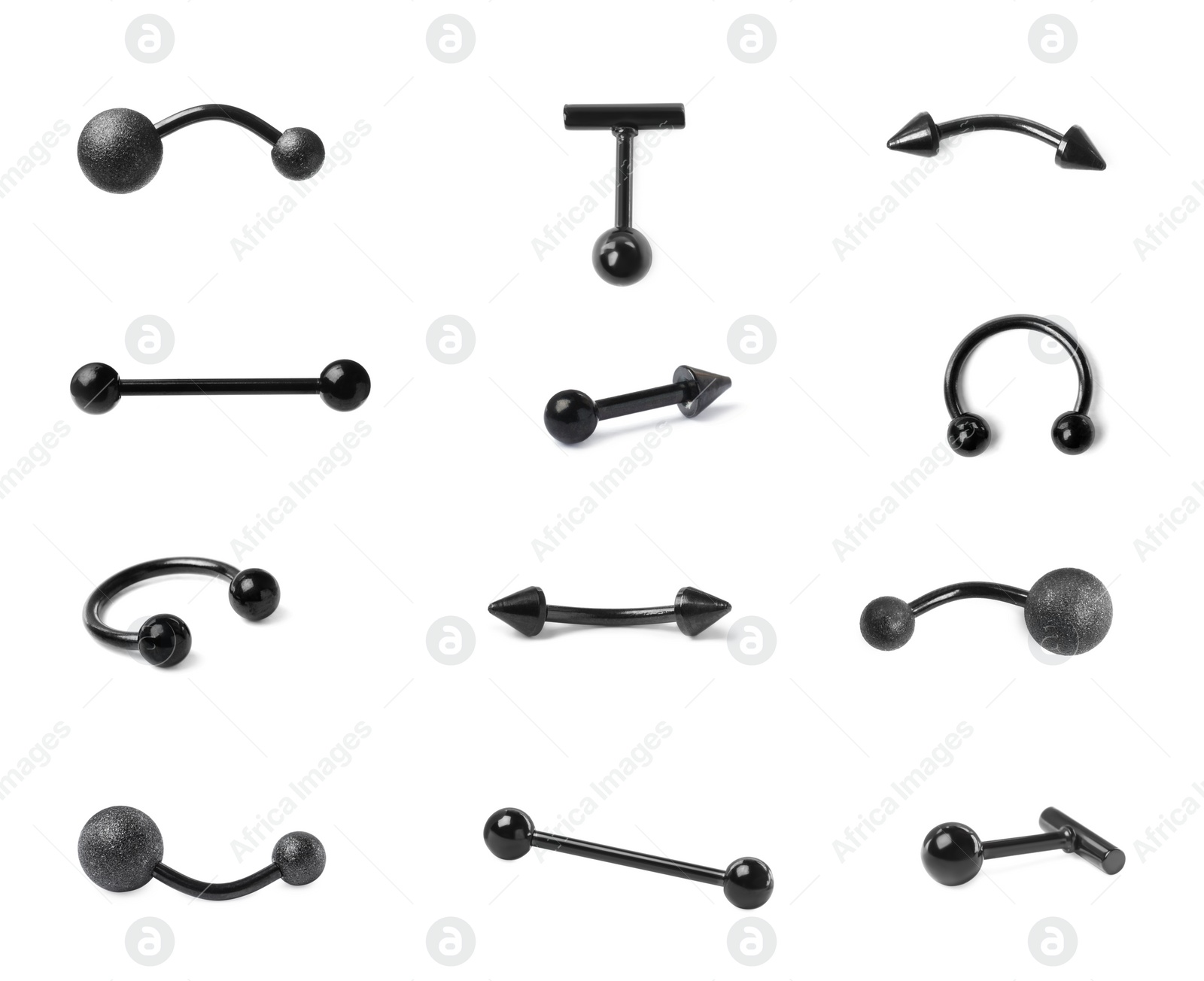 Image of Set with different piercing jewelry on white background