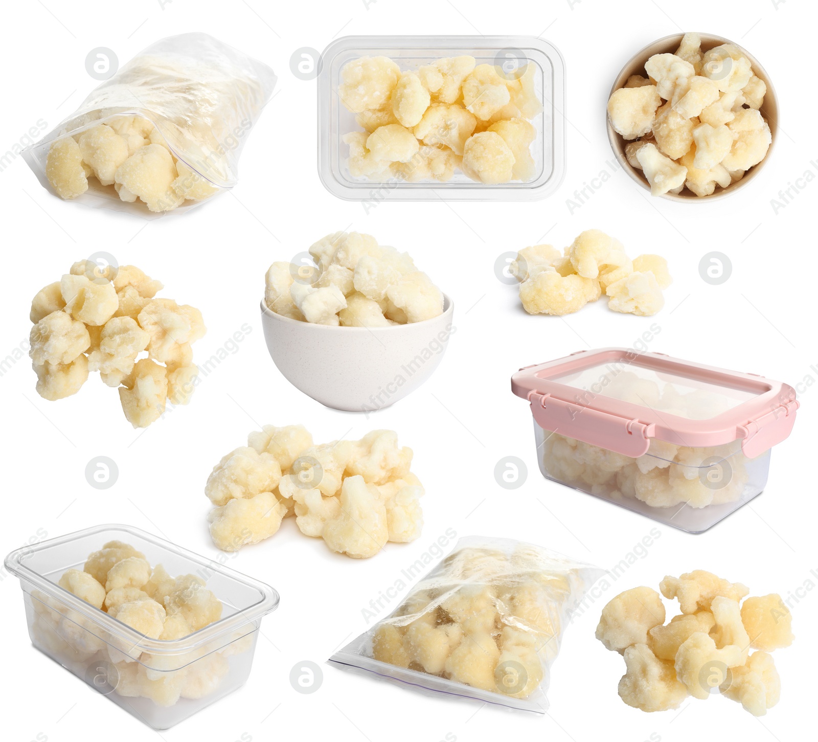 Image of Set of frozen cauliflower florets on white background. Vegetable preservation