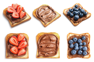 Image of Set of toasted bread with different toppings on white background